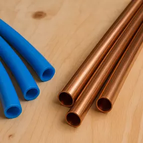 Close-up comparison of durable blue PEX piping and copper pipes, ideal for whole-home repipes and plumbing upgrades.