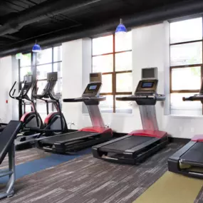 A gym with treadmills, elliptical machines, and stationary bikes