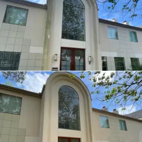 Soft Wash before and after photo of a home we cleaned in the heart of Houston!