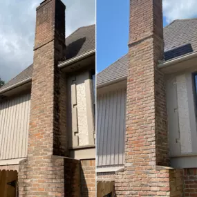 Before and after of a brick chimney we pressure washed in spring TX near Houston!