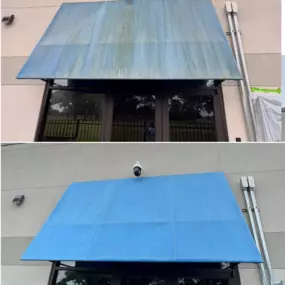 Before and after of an Awning cleaned in the Woodlands Tx