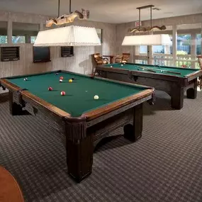 a game room with two pool tables