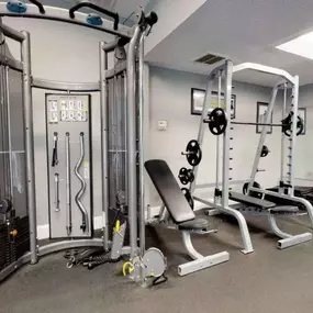 24hr Fitness Center with free weights and cardio machines.