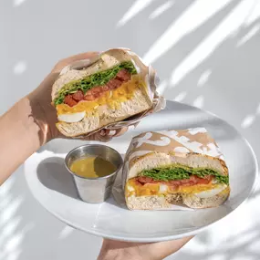 The Perfect Egg Sandwich with pasture-raised eggs, avocado,
tomato, arugula and mozzarella - the ultimate healthy breakfast
on-the-go.
