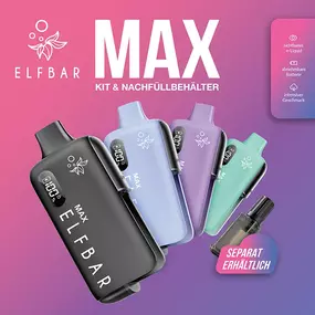 Elf Bar MAX – die leistungsstarke Big Puff Lösung mit Nachfüllsystem! Wiederverwendbares Gerät, volle Aromenvielfalt und gesetzeskonforme Pods – exklusiv bei Tugra Tobacco.