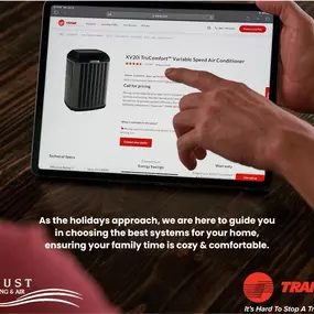 A person browses an online listing for a Trane air conditioning unit on an iPad, researching HVAC options for their home or business. The screen displays product details such as features, efficiency ratings, or pricing, while a real Trane A/C unit is visible nearby. This image highlights the decision-making process behind purchasing a new air conditioner and the importance of trusted brands like Trane. Perfect for promoting HVAC product comparisons, online estimates, and informed equipment selec