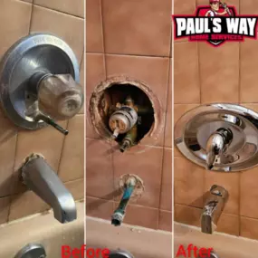 Before and after shower valve upgrade by Paul's Way Home Services — top-rated plumbing in Holbrook, NY.