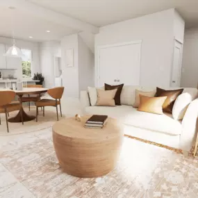 Living room and kitchen. Townhomes with 3-4 bedrooms and a two car garage.