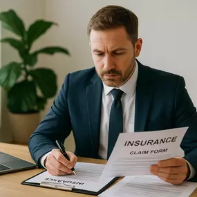Insurance adjuster reviewing documents at a desk.