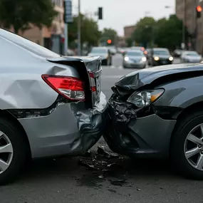 A light-colored car with rear-end damage in downtown Denver traffic, symbolizing the need for legal support after an auto accident.
