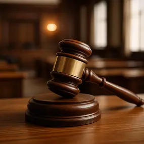 A wooden gavel and sound block placed on a legal desk, symbolizing personal injury litigation in Denver, Colorado.