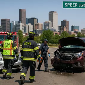 Hero image for Strong Law’s Denver car accident support guide, showing an accident scene in Denver