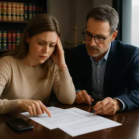 A Caucasian woman meets with her attorney in a professional office setting, representing a Denver personal injury consultation.