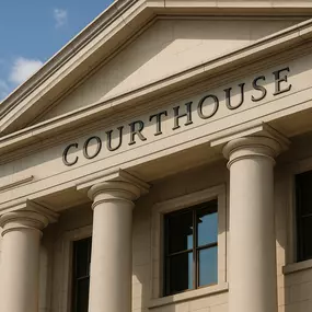 A high-resolution image showing the exterior of a modern courthouse building under clear skies, representing legal services in Denver.