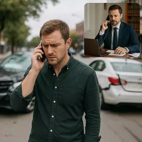 Injured driver calling an attorney after a two-car accident.