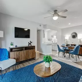 A living room and dining area