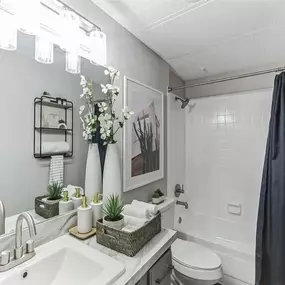 A bathroom with a sink and a toilet and a shower