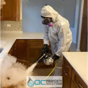 A technician in full protective gear performs fogging treatment for mold remediation or disinfection inside a residential kitchen.