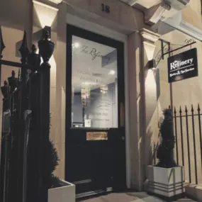 The front door of the Refinery of Mayfair male grooming Emporium Barber spa barbershop