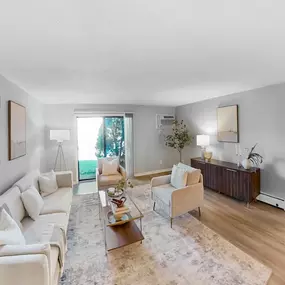 a living room with a couch and a table