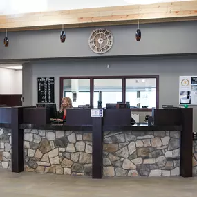 Reception area with friendly bank staff.