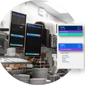 Commercial-grade kitchen display system (KDS) featuring a stainless steel touchscreen monitor mounted in a high-heat restaurant kitchen, displaying real-time order tickets for streamlined back-of-house operations.