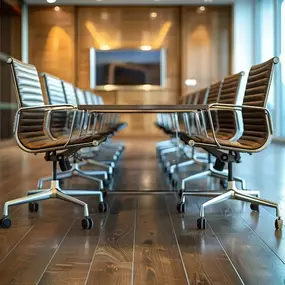 A modern conference room features a long table surrounded by brown leather and chrome chairs. Wood-paneled walls, subtle lighting, and a large wall-mounted screen create a sophisticated environment, ideal for professional presentations.