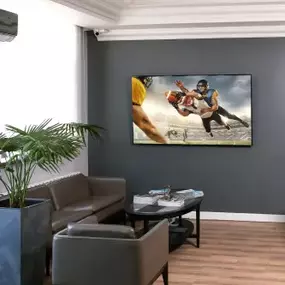 A large flat-screen TV mounted on a dark gray wall dominates this modern waiting area, displaying an exciting football play. Stylish leather seating and a potted plant complete the inviting, well-equipped space.