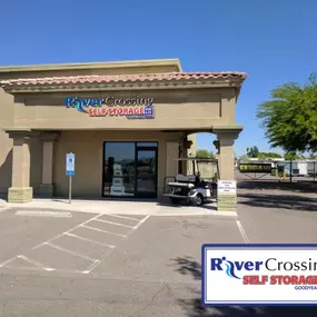 Main office and gated entrance at River Crossing Storage & RV in Goodyear, AZ, ensuring secure and controlled access to all storage units and vehicle parking.