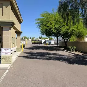 Well-lit and secure exterior of River Crossing Storage & RV in Goodyear, AZ, showcasing the clean, safe, and accessible storage environment.