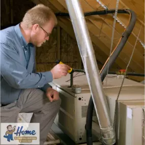 Attic HVAC system inspection by Home Plumbing, Heating & Cooling technician.