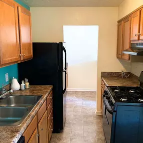 A kitchen with a black refrigerator and stove.