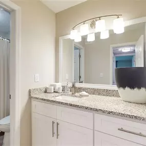 A bathroom with a marble countertop and a large mirror.