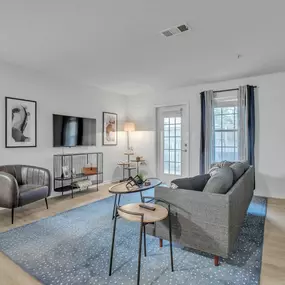 a living room with a couch and a chair and a rug