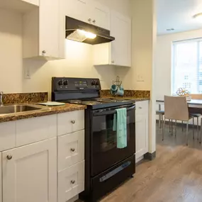 Large kitchen with vinyl flooring, ample storage space, and appliances included.