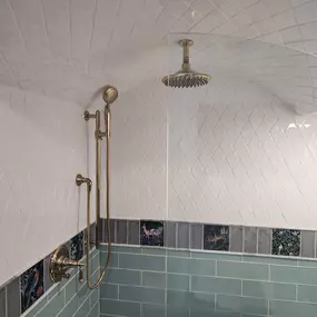 Kohler brass shower trim, hand shower, rain shower.