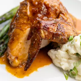 Rotisserie Chicken | classic or barbecue, asparagus & garlic mashed potatoes