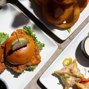 Happy Hour Sampler | pick any three happy hour items | Bacon Lolli Pops, Onion Rings, Chicken Sliders, Cheesesteak Wontons or Buffalo Chicken Bites