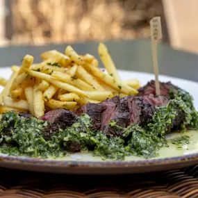 Steak & Frites | 1/2lb bistro marinated tenderloin, cilantro chimichurri, truffle aioli, truffle fries, ketchup