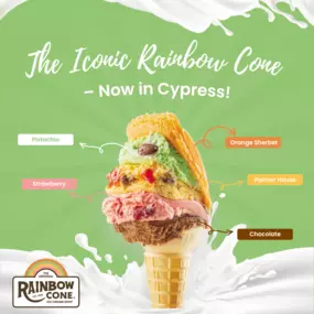 Experience Chicago's legendary Rainbow Cone featuring five delicious layers: Orange Sherbet, Pistachio, Palmer House (vanilla with cherries and walnuts), Strawberry, and Chocolate. Each cone is hand-dipped and perfectly stacked, just like we've been doing since 1926.

Taste nearly 100 years of tradition in every colorful bite! Available now at our new Cypress location.
