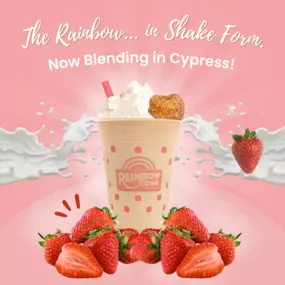 Experience the iconic Rainbow Cone flavors in a delicious new way! Our creamy strawberry shake is made with real strawberries and topped with fresh whipped cream. Perfect for enjoying our legendary taste on the go or as a refreshing treat any time of day.
Available now at our Cypress location... because sometimes the rainbow is even better when you can sip it!