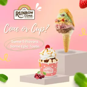 Can't decide? Now you don't have to! Enjoy our famous five-flavor Rainbow Cone in a traditional waffle cone or served in a convenient cup. Both feature the same legendary layers of Orange Sherbet, Pistachio, Palmer House, Strawberry, and Chocolate that have delighted customers since 1926.