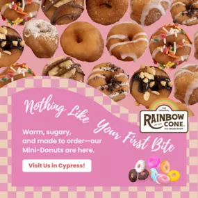 Warm and made to order - our mini-donuts are impossible to resist! Choose from a variety of delicious toppings, including chocolate drizzle, colorful sprinkles, powdered coating, vanilla glaze, and more. Each bite-sized donut is fried fresh and served hot for the ultimate sweet experience.

Perfect for sharing or keeping all to yourself...we won't judge!