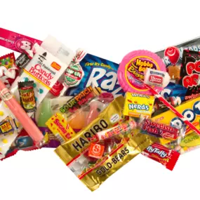 Nassau Candy has a fun display of novelty candies with chocolate gummies and fun imitation food candies.