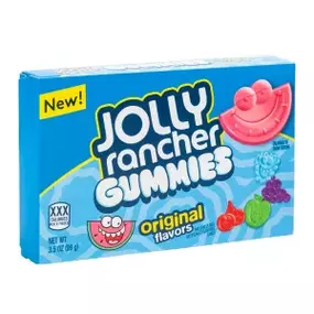Jolly Rancher Gummies in original flavors, packaged in a 3.5 oz box, featuring bold, fruity gummy candies with the iconic Jolly Rancher taste. Ideal for wholesale candy suppliers, convenience stores, and retail candy aisles looking to stock popular gummy candy options.
