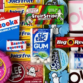 A nostalgic collection of classic gum brands including Bazooka, Juicy Fruit, Fruit Stripe, Tic Tac, and Big Red.