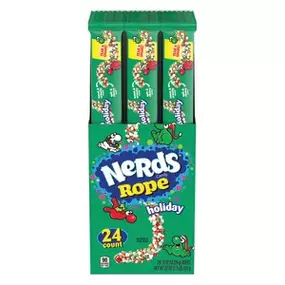 A festive 24-count box of Nerds Rope Holiday Edition, featuring the iconic Nerds candy coated around a chewy rope center. Ideal for stocking stuffer displays, holiday candy aisles, this is a top-selling item for wholesale candy distributors.