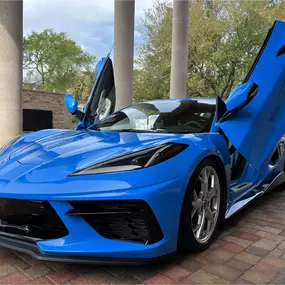This custom Corvette C8, enhanced with vertical doors, received a full ceramic coating and gloss enhancement from Jay’s Advanced Detailing. The electric blue finish now reflects with unmatched clarity and depth, protected against the Texas elements. Perfectly executed in Conroe, TX—this detail is a statement of precision and performance.
