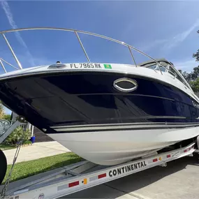This luxury cruiser received a full marine detailing and ceramic coating application from Jay’s Advanced Detailing. The deep navy hull now gleams with high-gloss clarity and long-lasting UV protection—ready to take on both the water and the Texas sun. Expertly detailed and protected right here in Conroe, TX.