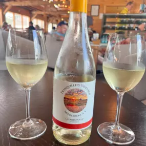 Chilled Chardonnay served fresh from the vineyard – enjoy estate wines in Tranquillity’s cozy tasting room.